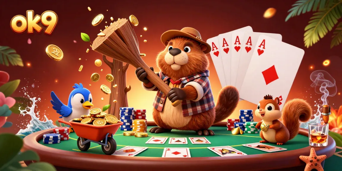 Spin the reels with ok9 as a beaver chops a tree raining golden coins in a lively casino scene.
