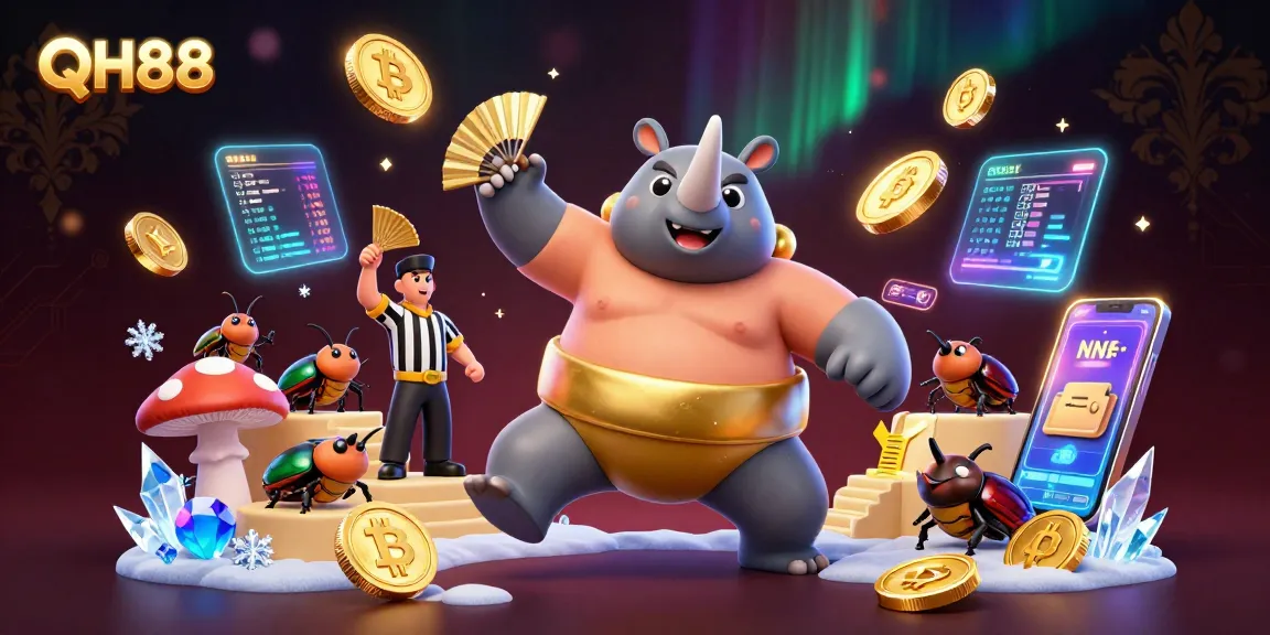 Experience QH88 with a vibrant gaming scene showcasing a beetle champion and crypto elements.