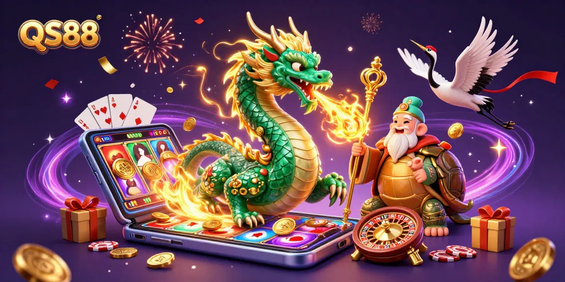 Experience excitement at QS88 with a jade dragon, turtle sage, and cranes amidst vibrant gaming elements.