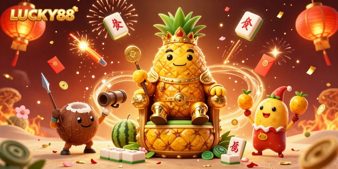 LUCKY88 brings excitement with a vibrant 3D casino scene featuring a golden pineapple king and festive elements.