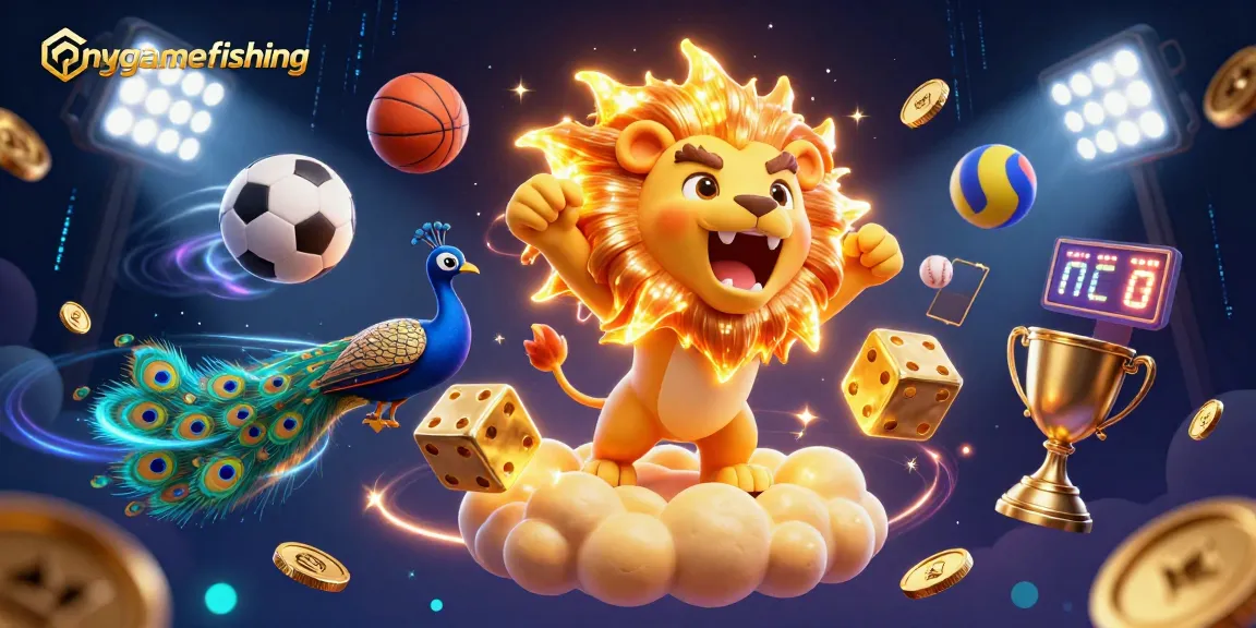 Experience the excitement of mygamefishing with a vibrant, dynamic gaming scene, featuring golden dice and sports elements.