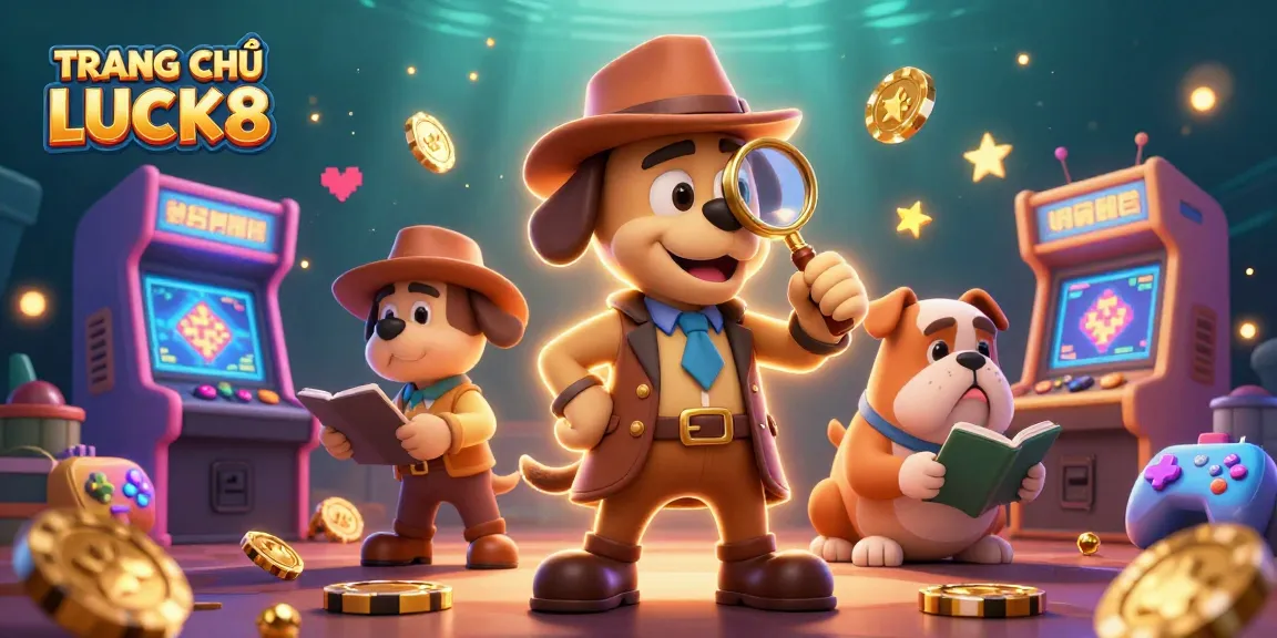 Engage in TRANG CHỦ LUCK8 by uncovering secrets with our charming detective duo amidst vibrant casino-themed elements.