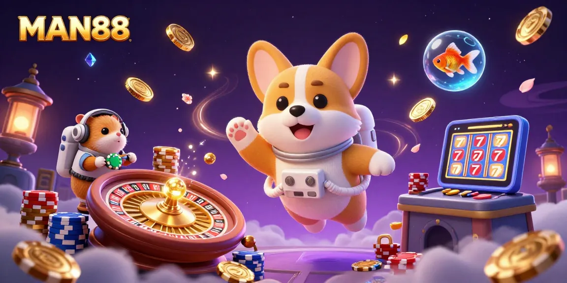 Engage with MAN88 as a 3D astronaut corgi and friends explore a vibrant space casino.