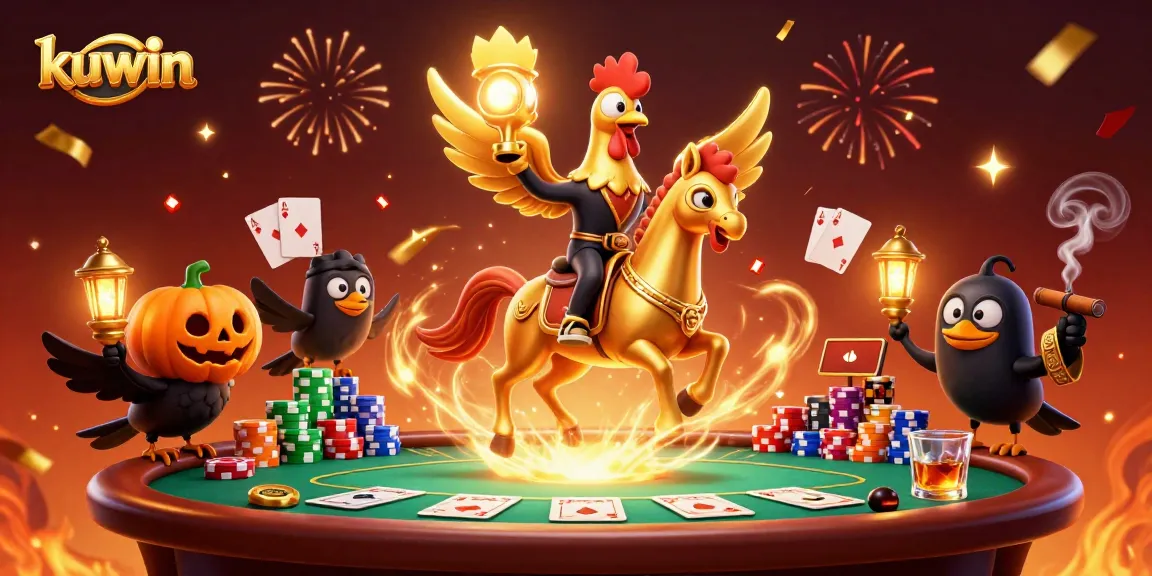 Kuwin's vibrant casino scene shows a golden rooster, poker elements, and festive celebrations.