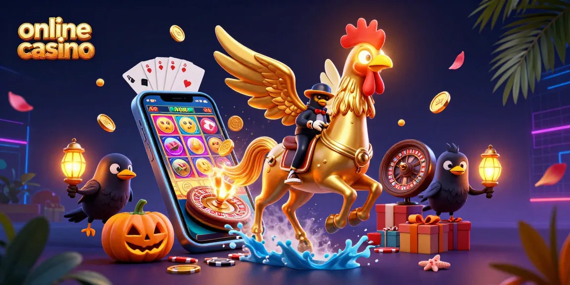 Experience vibrant thrills at an online casino with a golden rooster guiding the way.