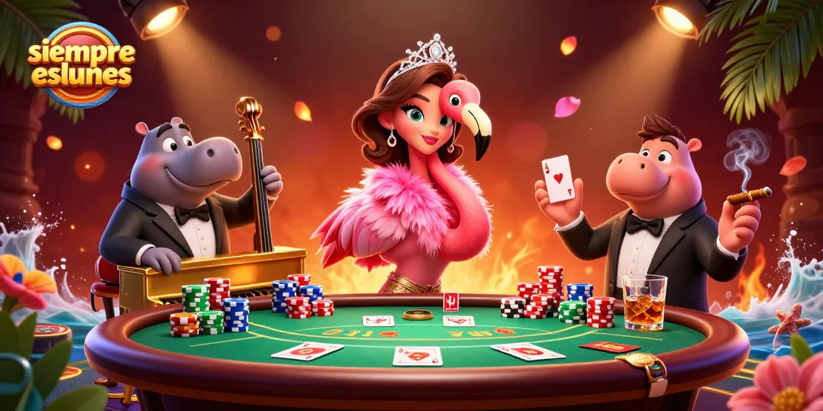 Experience thrilling gameplay with siempreeslunes at a vibrant casino scene featuring a flamingo singer and hippo bassist
