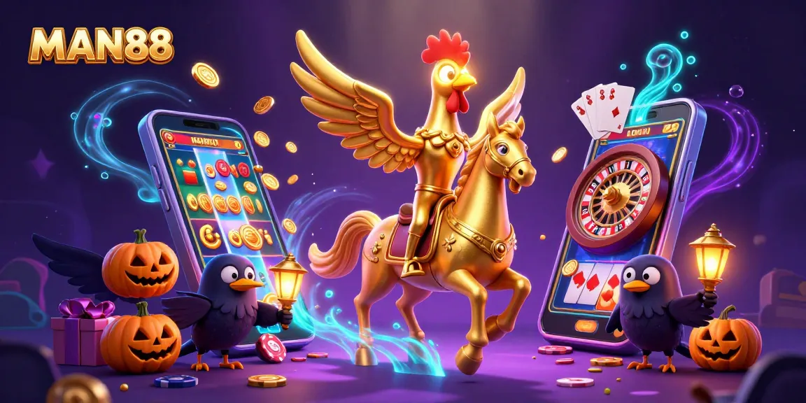 Experience the thrill of MAN88 with a golden rooster and spectral horse in a vibrant casino scene.