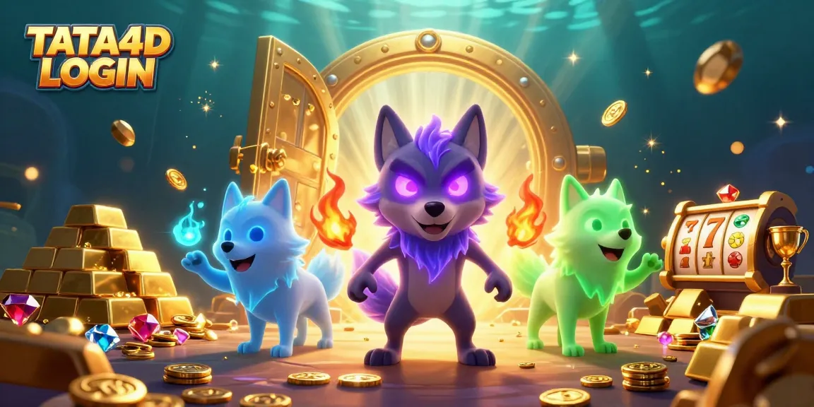 Engage with TATA4D LOGIN through an exciting 3D casino illustration of a wolf pack amidst treasures.