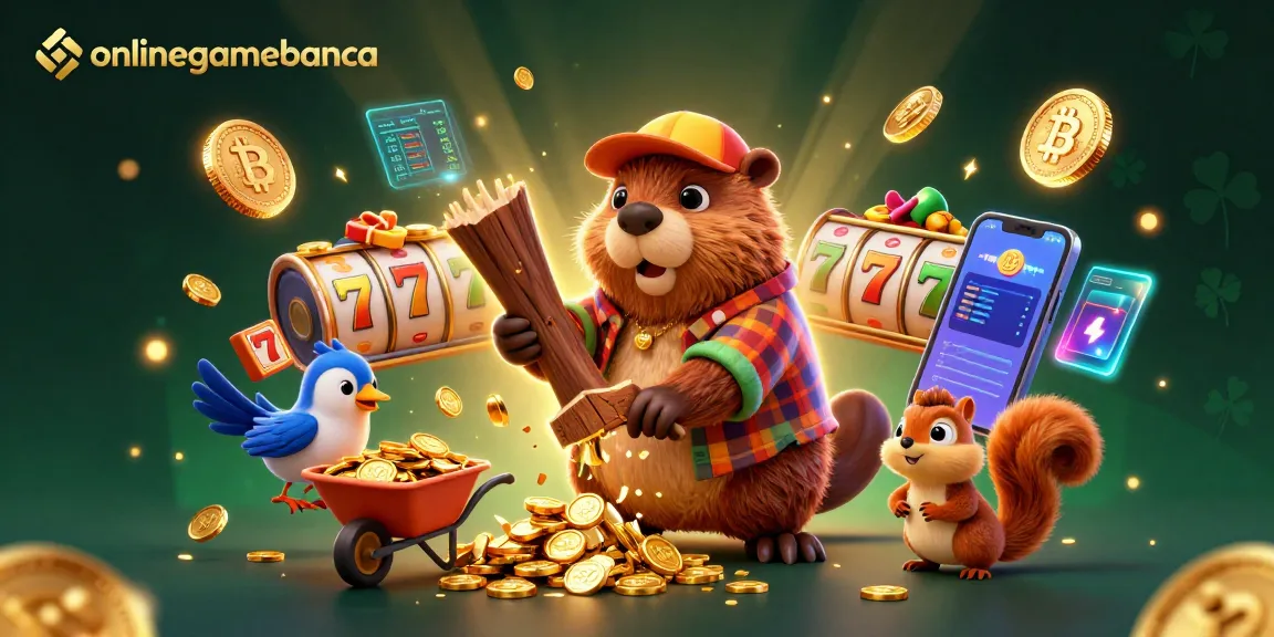 Experience thrilling wins in onlinegamebanca as a playful beaver chops a tree raining coins amidst vibrant slot elements.