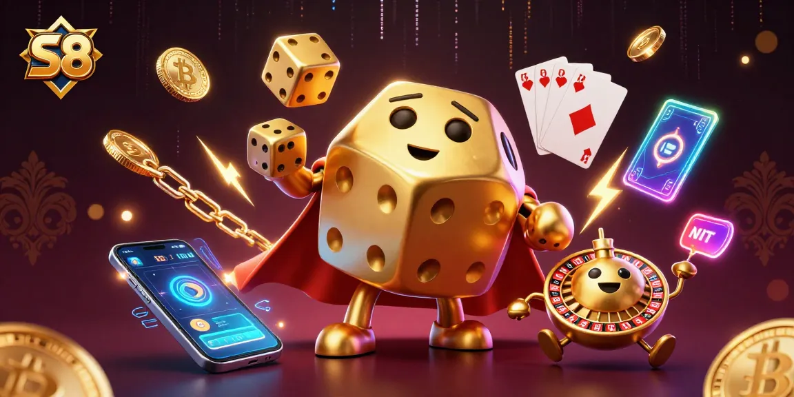 Engage with S8's thrilling gaming experience through golden dice and vibrant crypto elements.