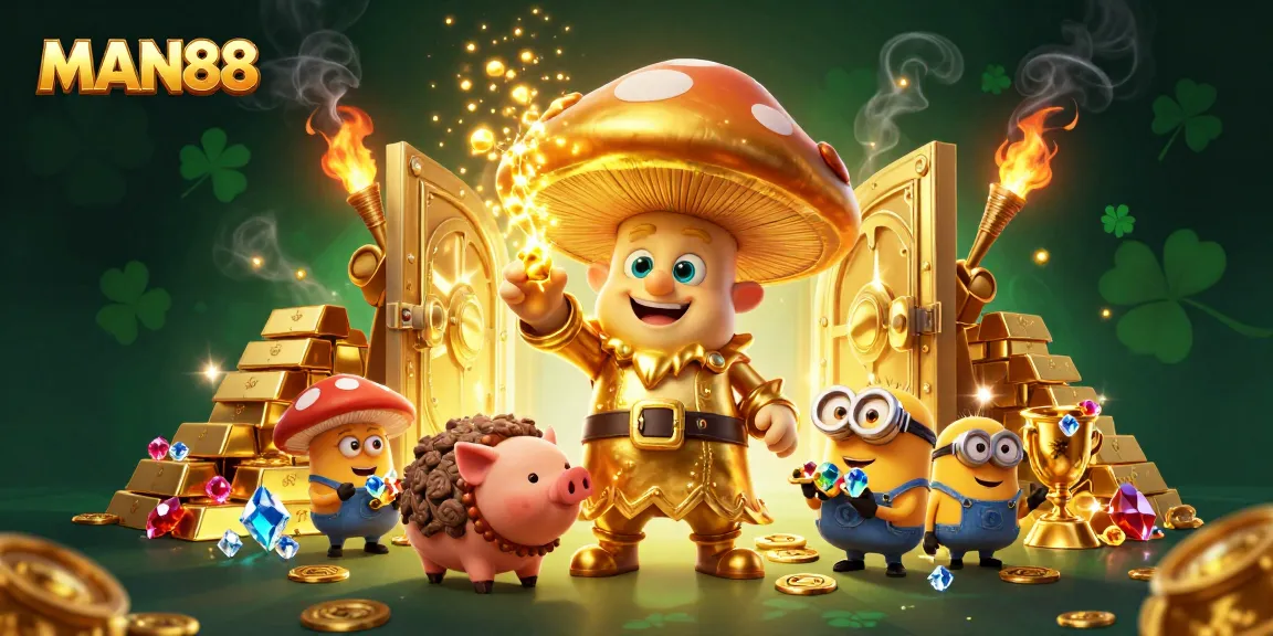 Experience MAN88's vibrant casino magic with golden treasures and engaging characters.