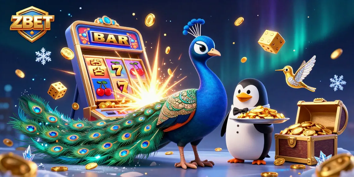 ZBET showcases a vibrant casino scene with a peacock and penguin amidst thrilling slot action.