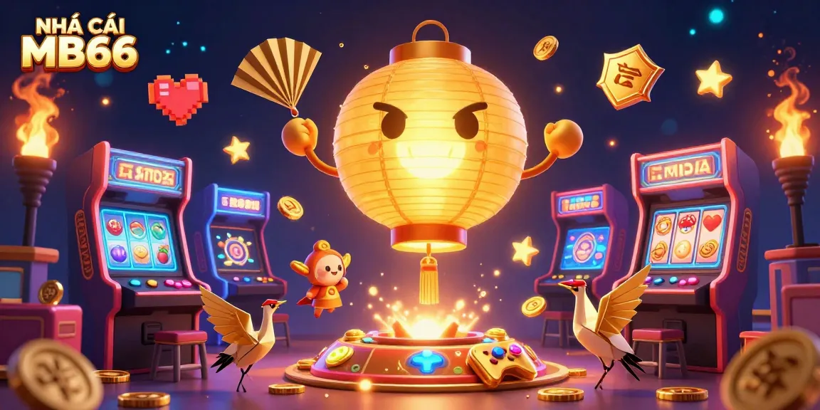 Engage with NHÀ CÁI MB66 through vibrant gaming scenes showcasing golden lanterns, arcade machines, and dynamic casino elements.