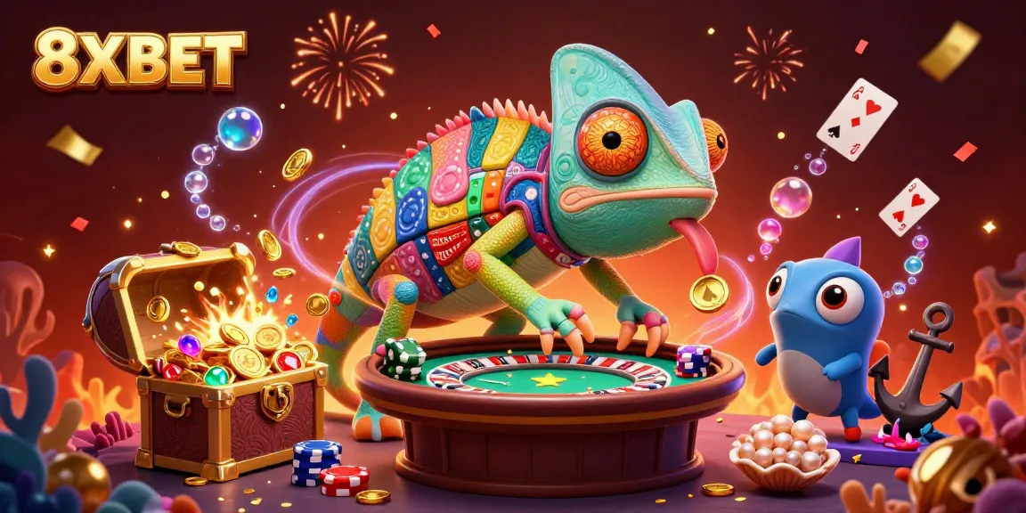 8XBET features an exciting casino-themed illustration with vibrant chameleon and captivating gameplay elements.