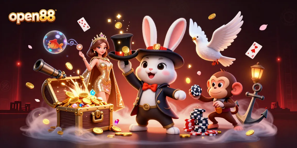 Experience thrilling action with open88 as a magician rabbit pulls coins and a dove dazzles in a vibrant casino scene.