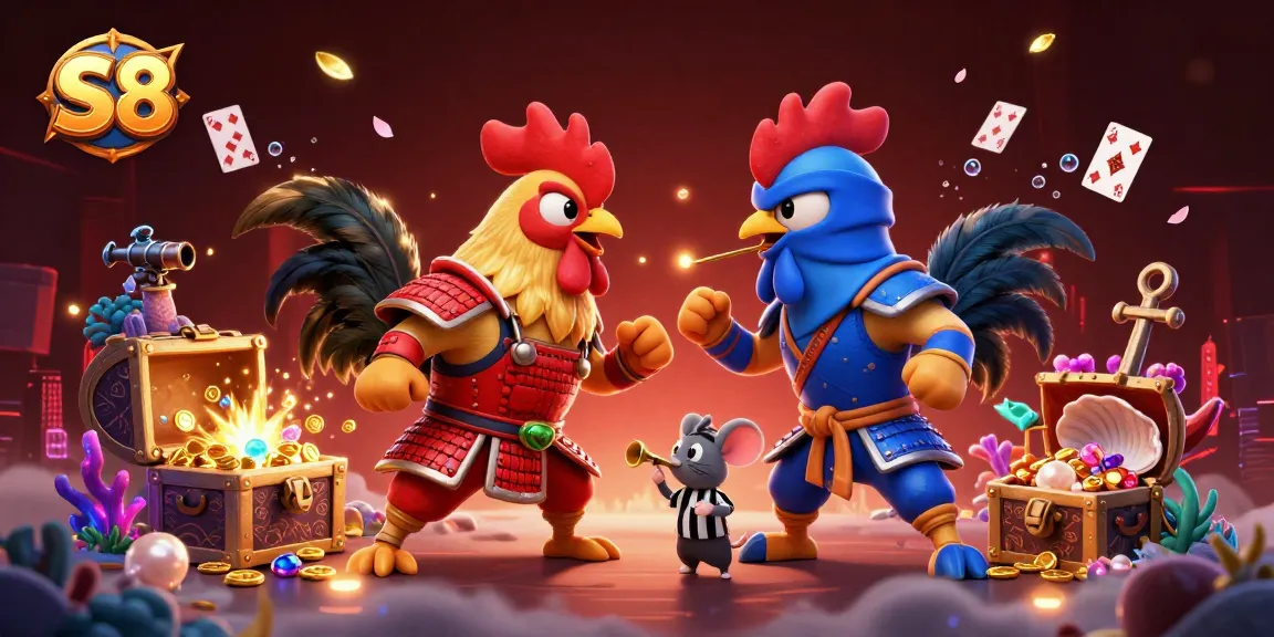 S8 showcases fighting roosters in dramatic standoff surrounded by vibrant casino-themed elements.