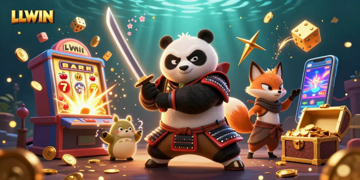 LLWIN promotes excitement with an action-packed scene showcasing a samurai panda and fox in a casino fantasy.